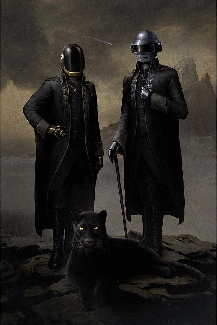 Two men in black coats and hoods stand next to a large cat - Punk