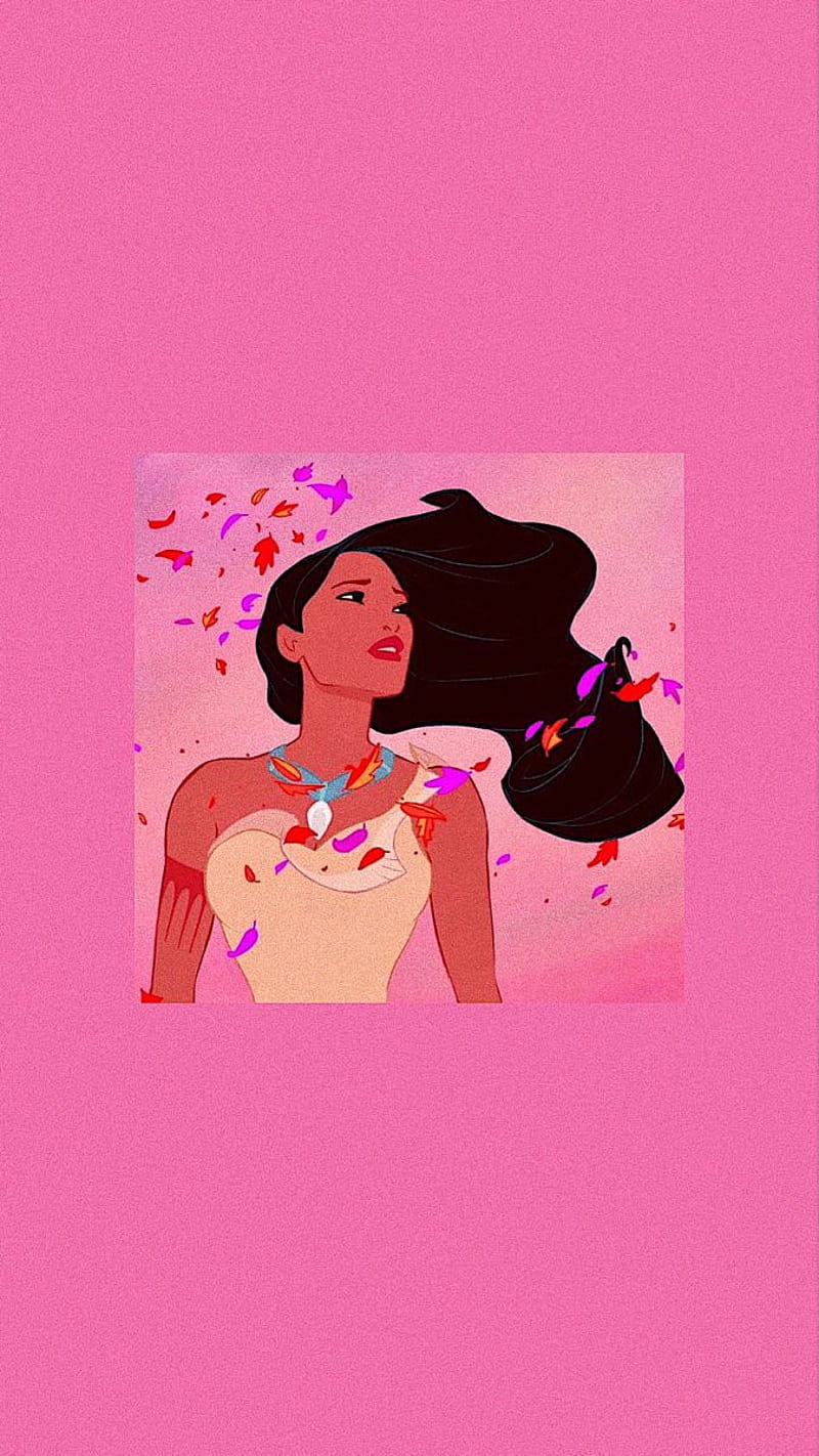 A digital drawing of Pocahontas with a pink background - Princess, Mulan