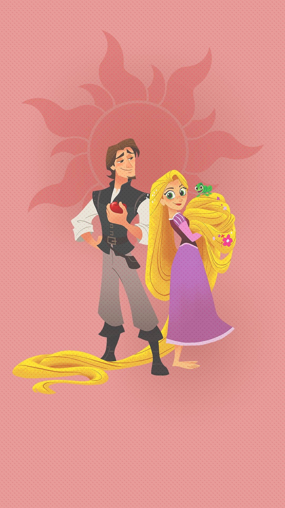A cartoon of two people standing together - Princess, Rapunzel