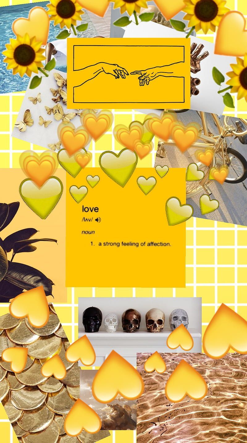 This image is an Instagram collage with a yellow theme. The collage includes pictures of sunflowers, hands, hearts, and gold coins. There is also a definition of the word 