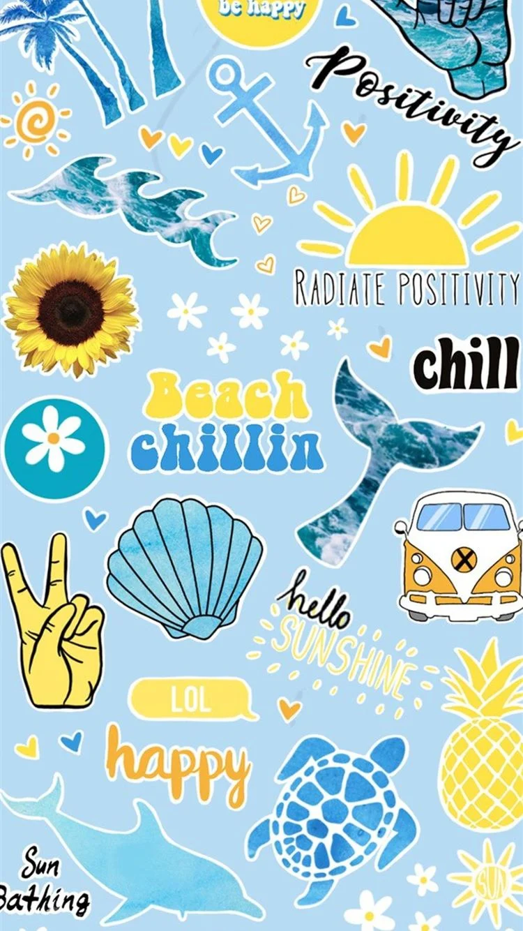 Aesthetic phone background wallpaper sticker blue yellow summer beach - Sunshine, preppy