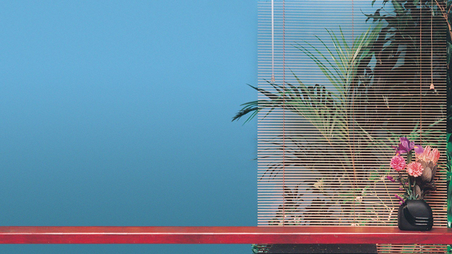 A vase of flowers sitting on a red table in front of a window. - Vaporwave, 1920x1080, architecture, Windows 95