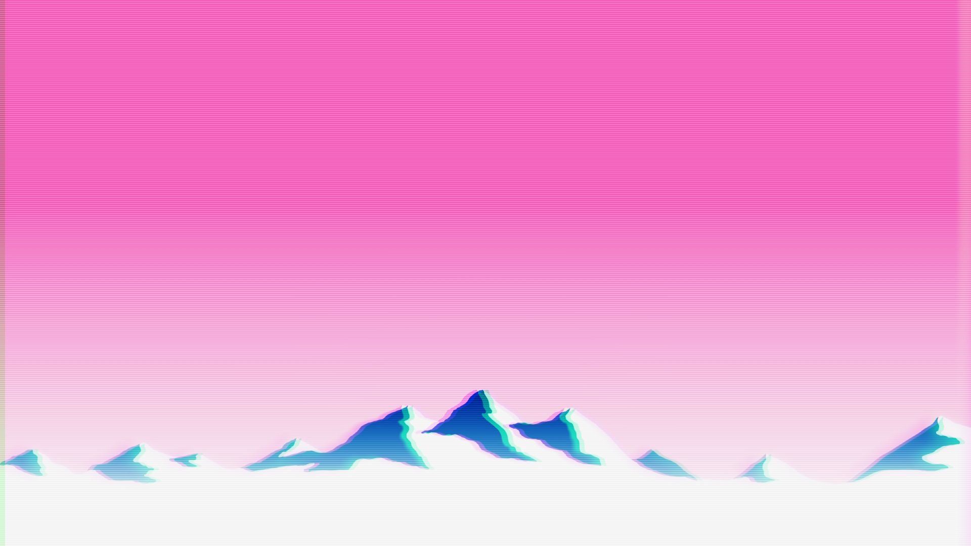 A pink and blue mountain landscape with snow - Vaporwave