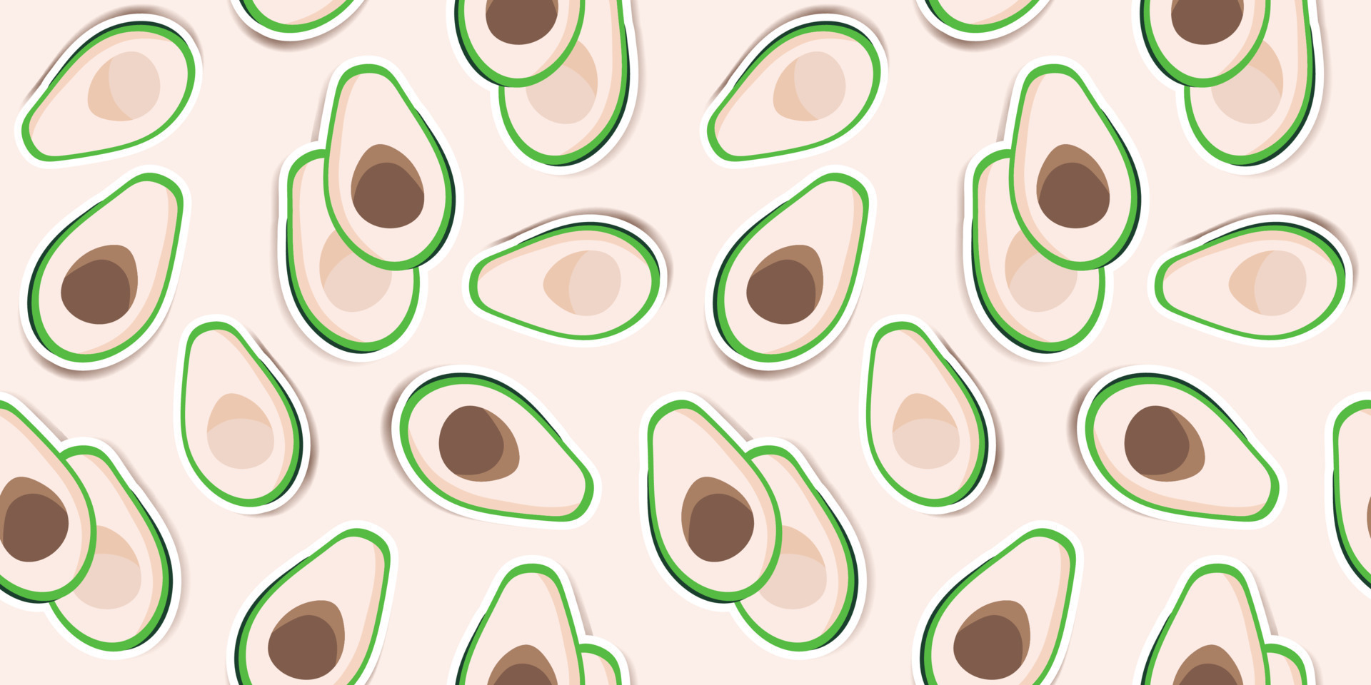 A colorful pattern of avocado stickers on a light pink background - Avocado, fruit