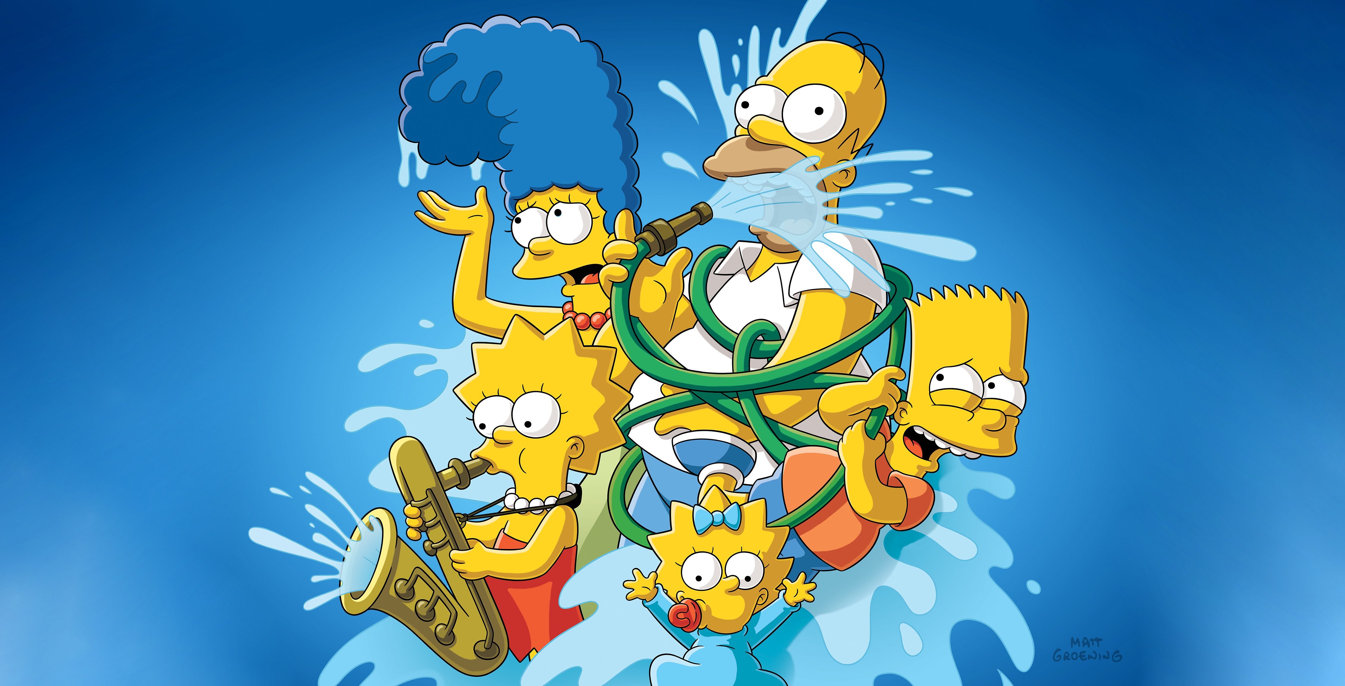 The simpsons are in a blue background with water - The Simpsons, Bart Simpson, Lisa Simpson