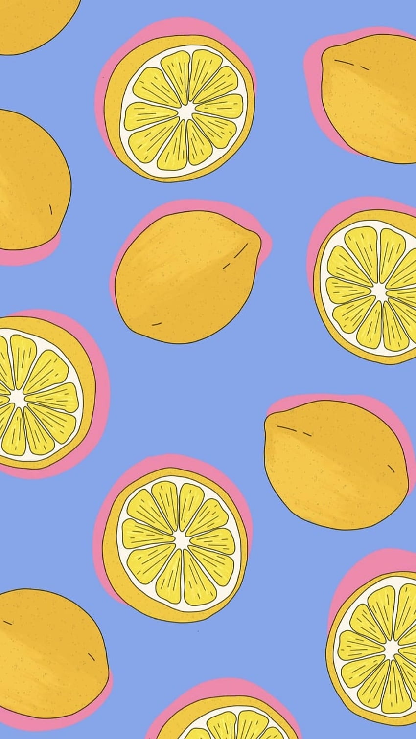 A blue background with pink circles around the lemons and the lemons are yellow - Lemon