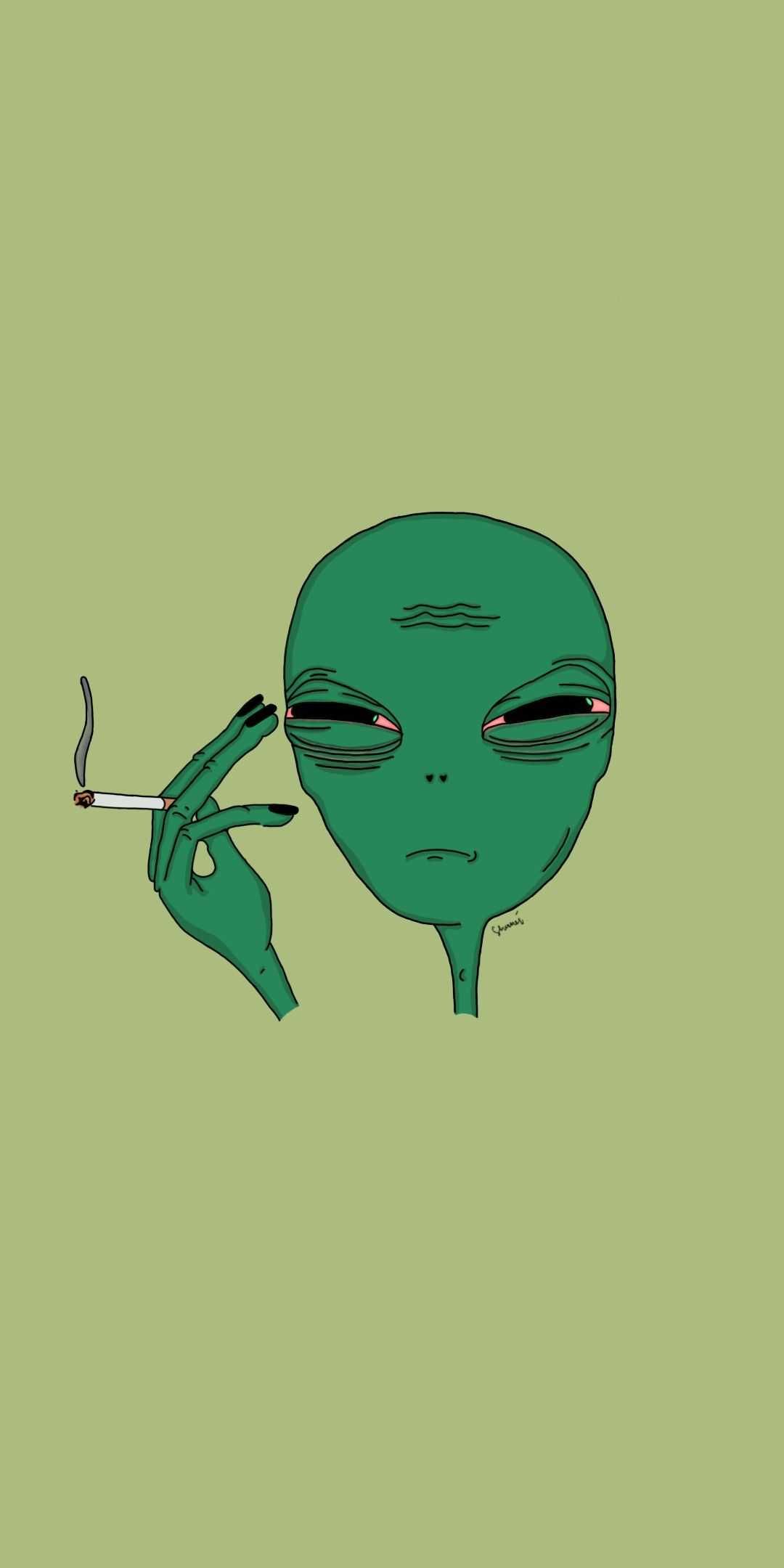 An alien smoking a cigarette on green background - Alien