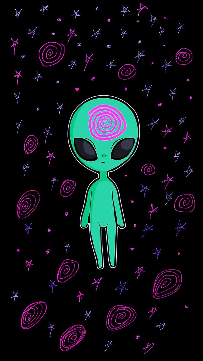 A green alien with black eyes surrounded by pink and purple stars - Alien