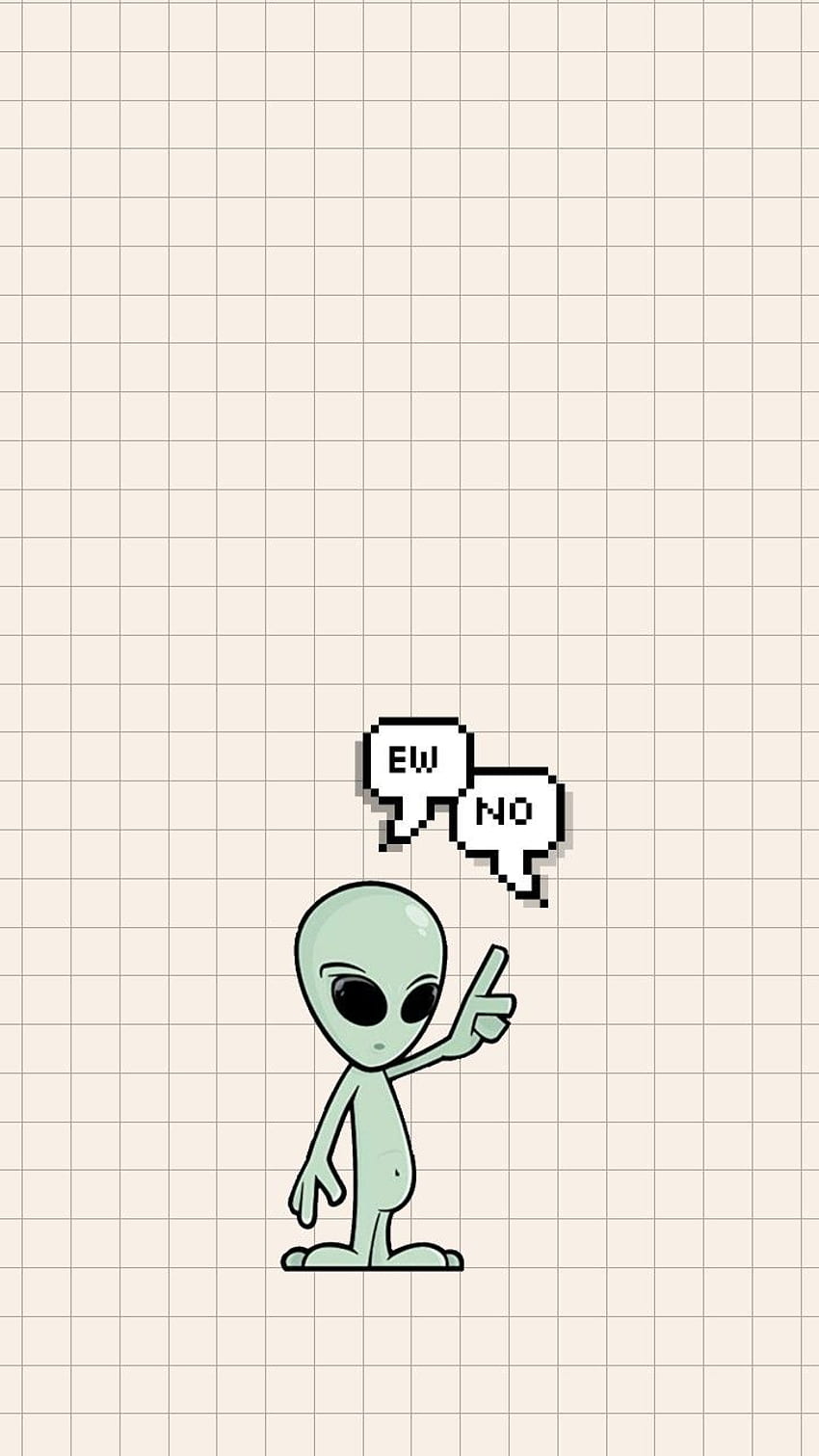 A cute and simple wallpaper of a green alien with black eyes and a speech bubble that says 