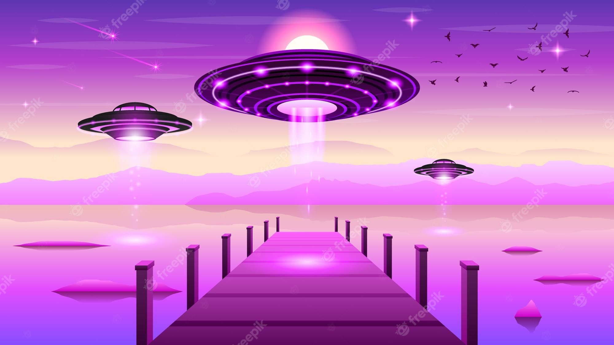 Premium Vector. Abstract alien on flying saucers in dark space planet background gradient unidentified flying object
