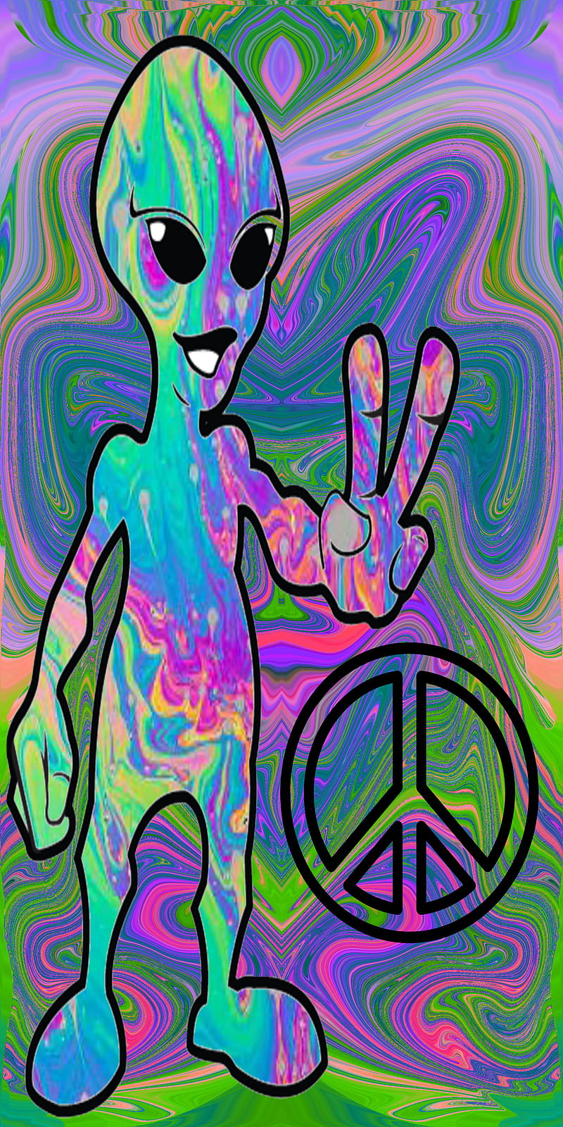 Psychedelic alien, alien, art, colorful, pattern, peace sign, psicodelia, HD phone wallpaper