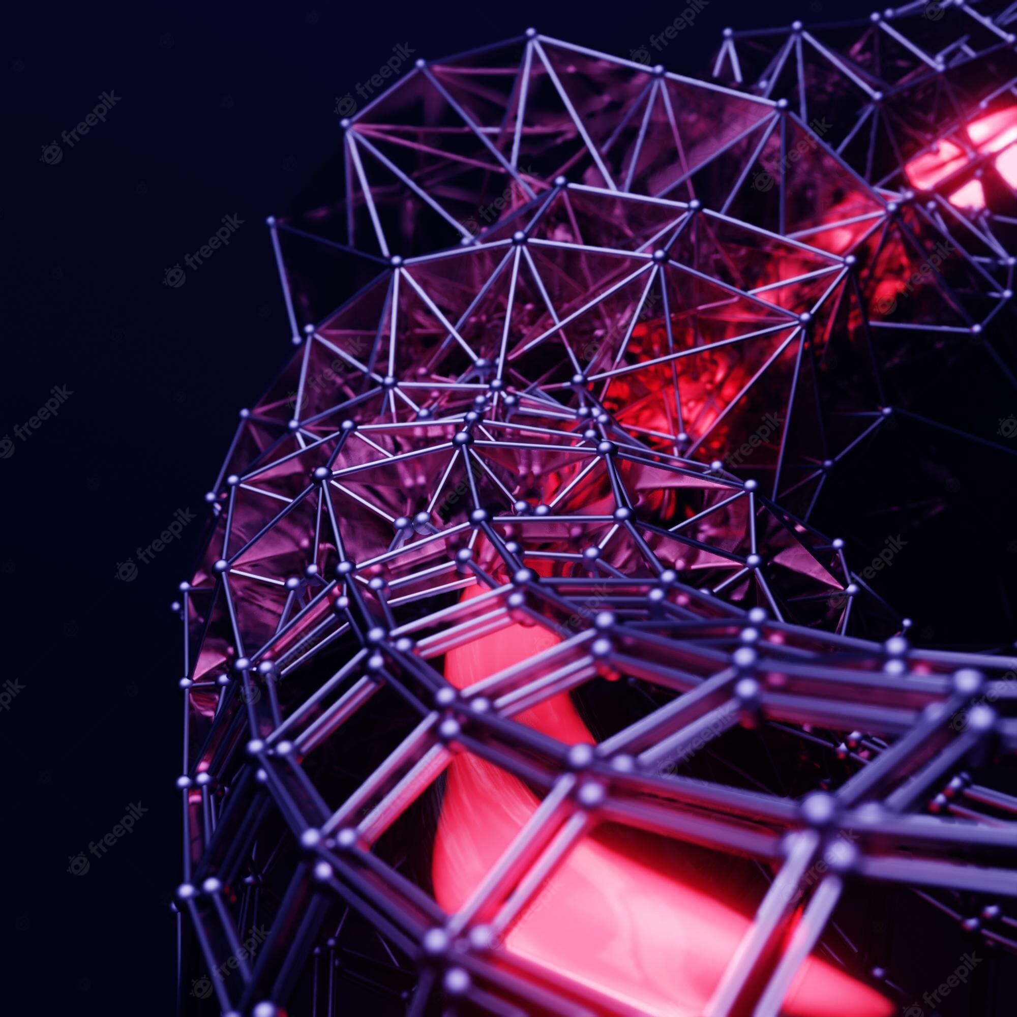 An abstract 3D render of a complex network of interconnected structures in red and purple tones - Alien, 3D