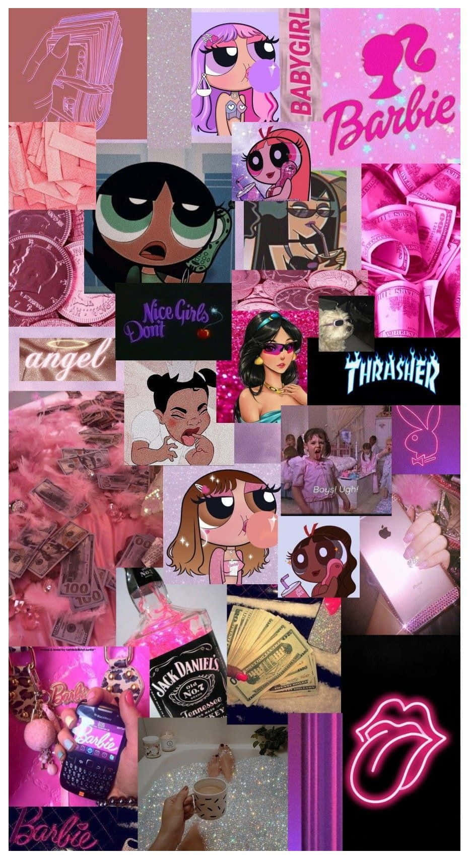 A collage of various cartoon characters with pink backgrounds - Barbie