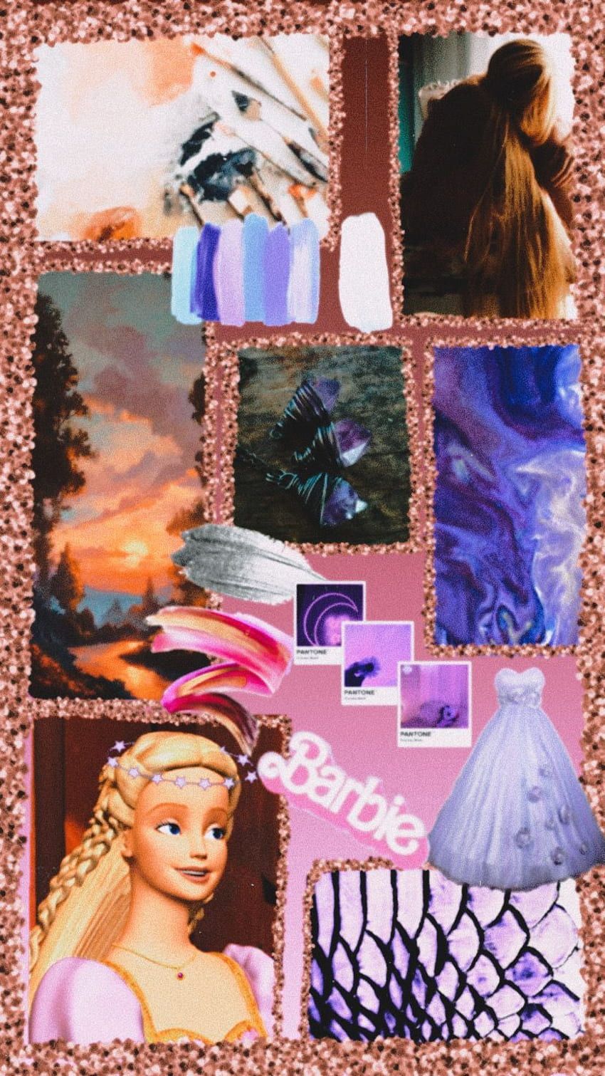 Aesthetic collage of barbie, purple, pink, and glitter - Barbie