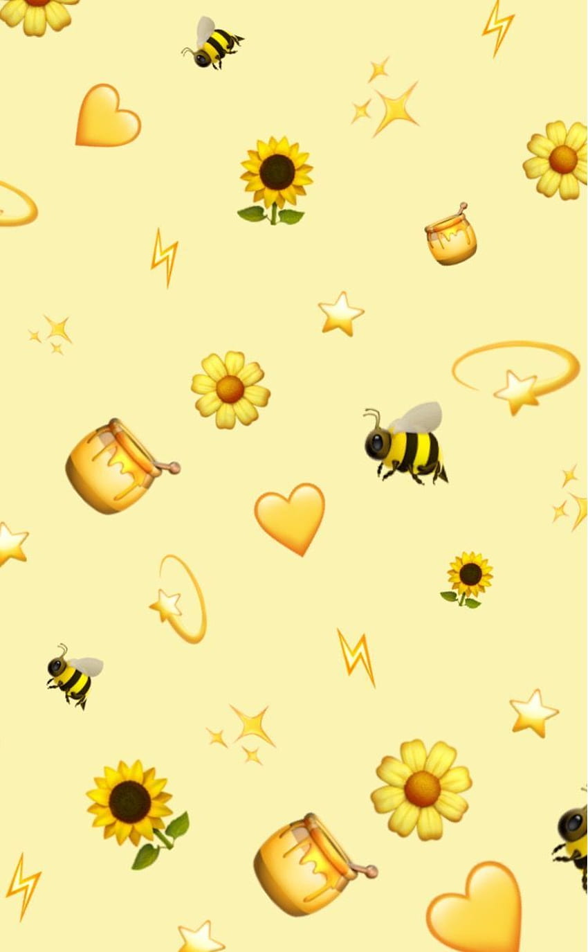 Yellow aesthetic wallpaper with bees, sunflowers, and honey. - Bee, honey, Emoji