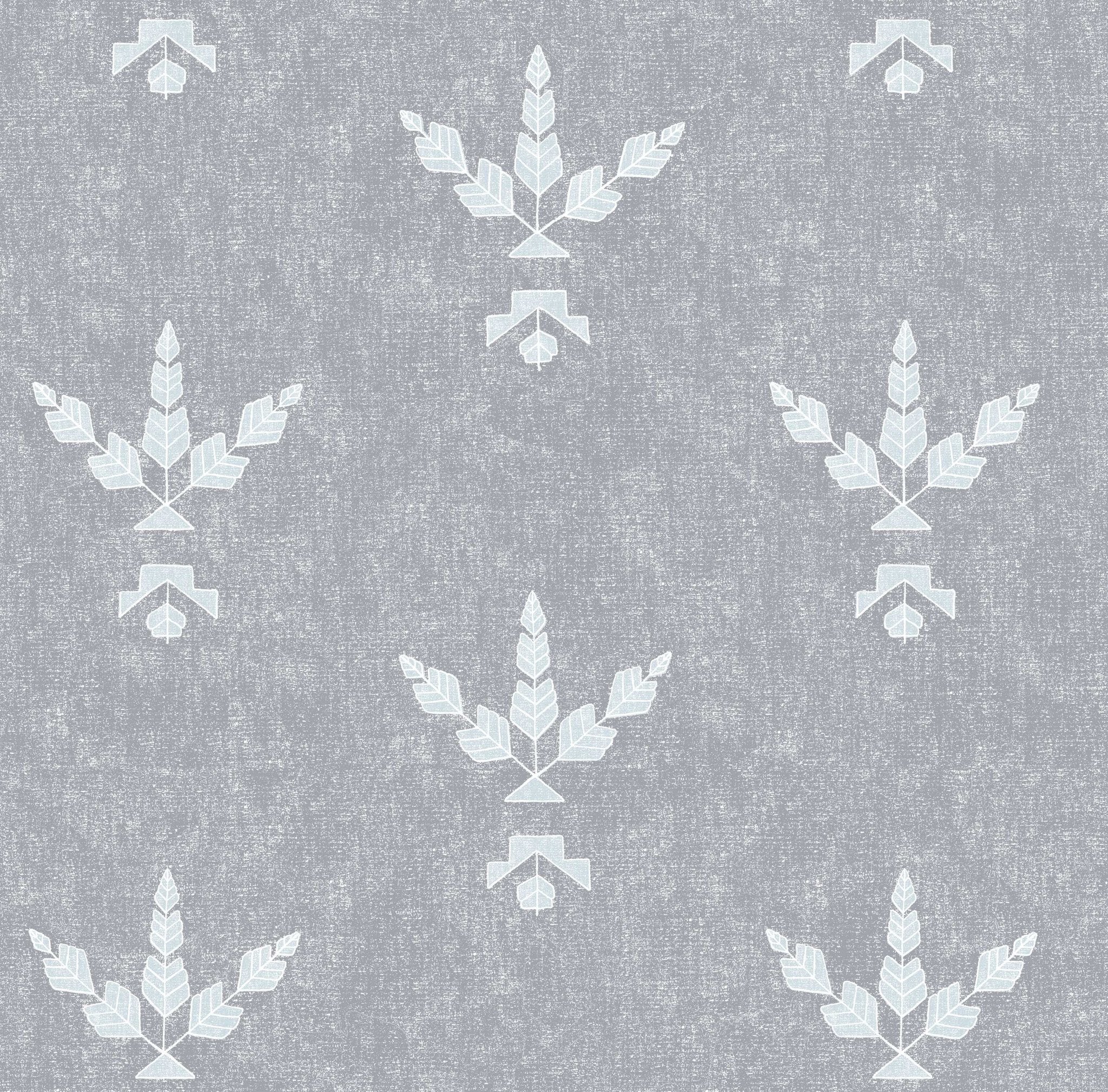 A mid grey linen fabric with white maple leaf pattern and repeating geometric pattern - Silver