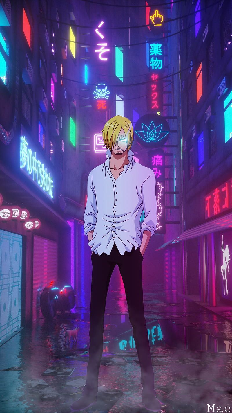 A man in white shirt and black pants standing on the street - One Piece