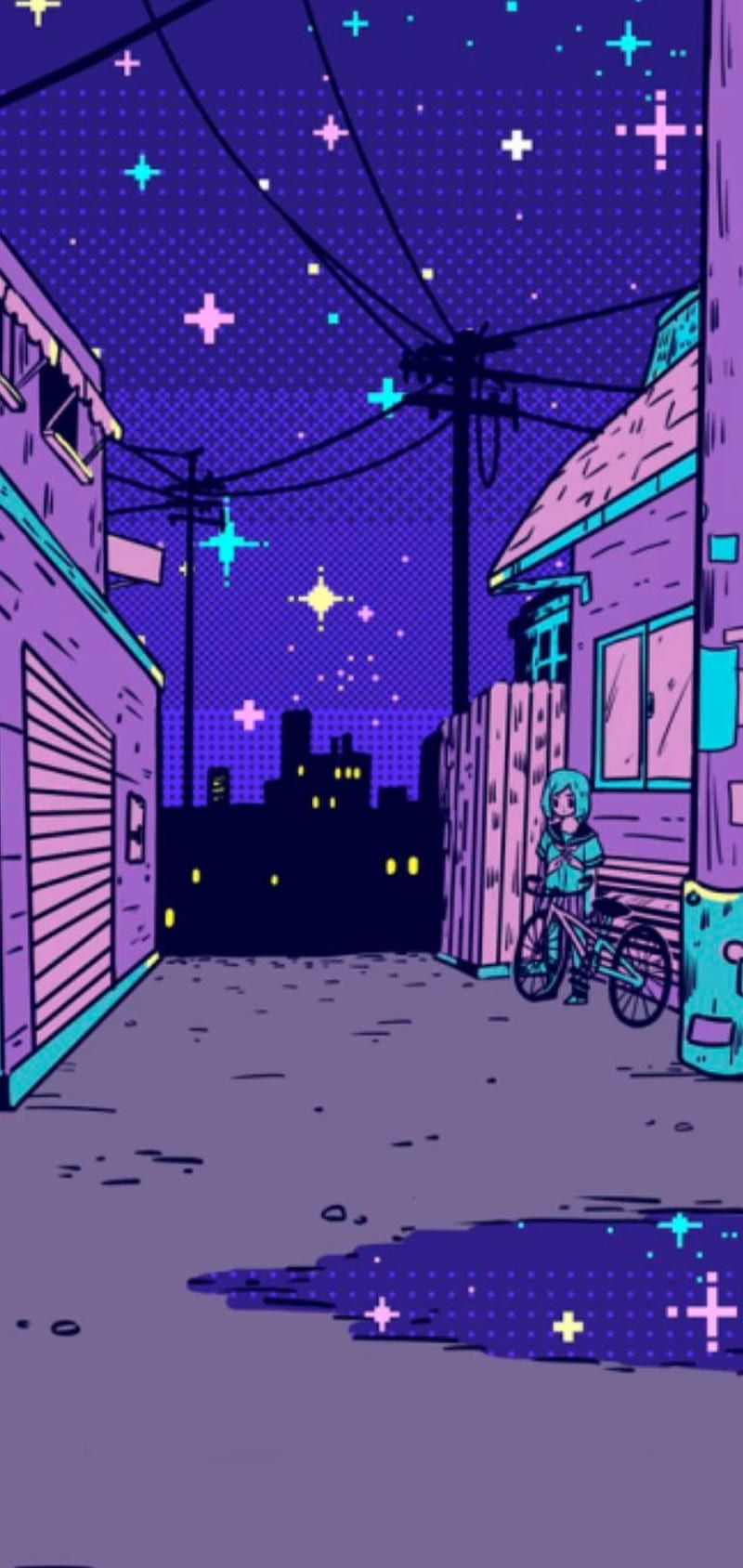 A purple and blue illustration of a person on a bike looking up at the stars - Vaporwave, lo fi