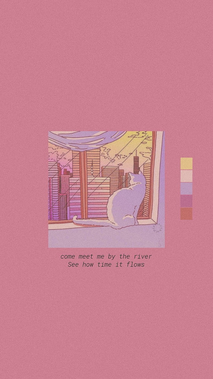 A cat sitting on the window sill looking out - Pink anime