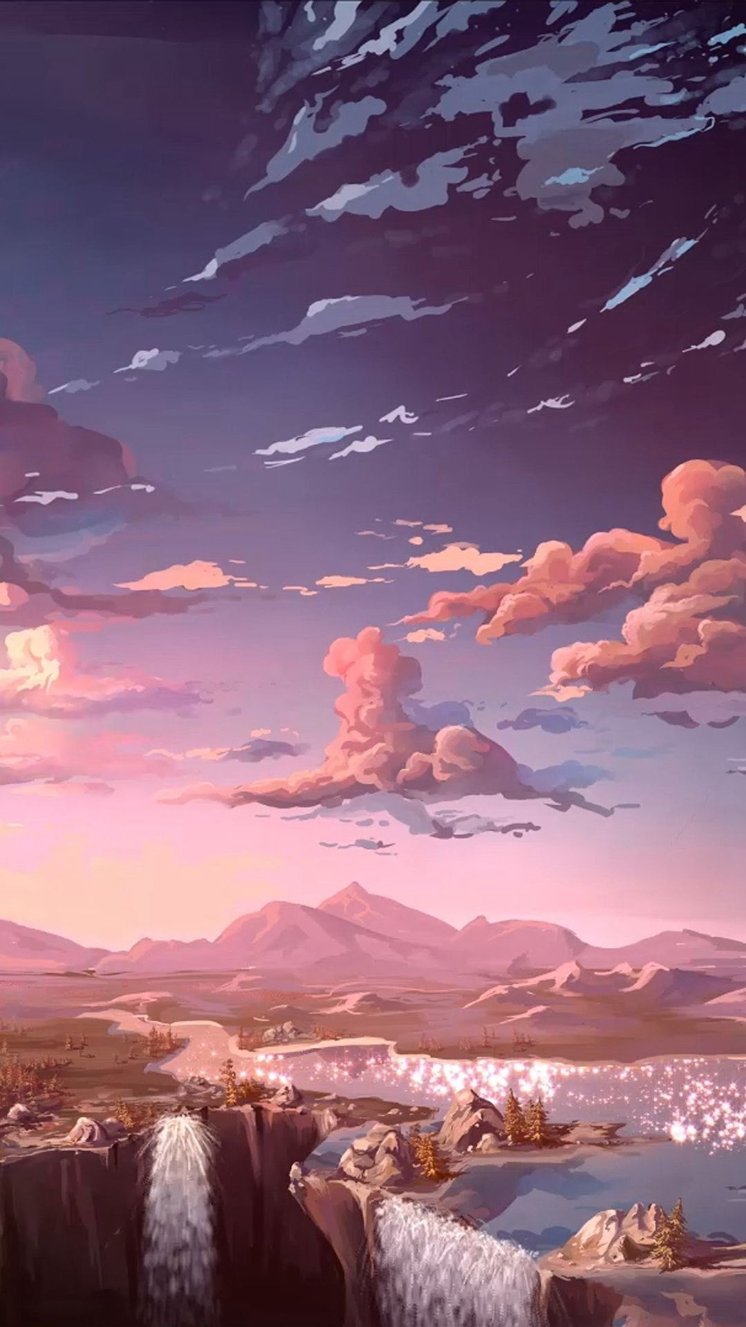 A painting of the sky and water with clouds - Pink anime, nature, art