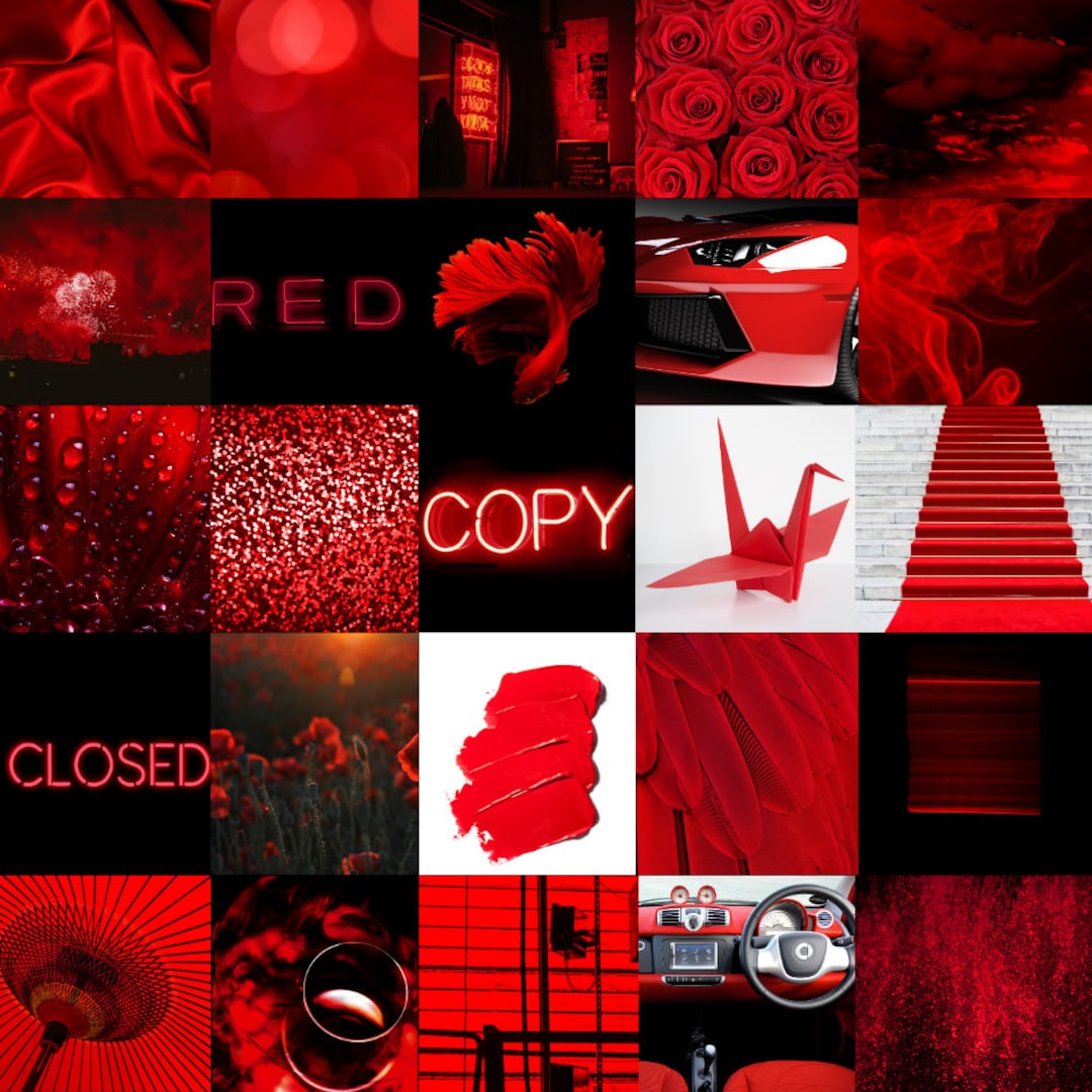 Dark Red Aesthetic Photo Collage Neon Red Wall Collage Kit