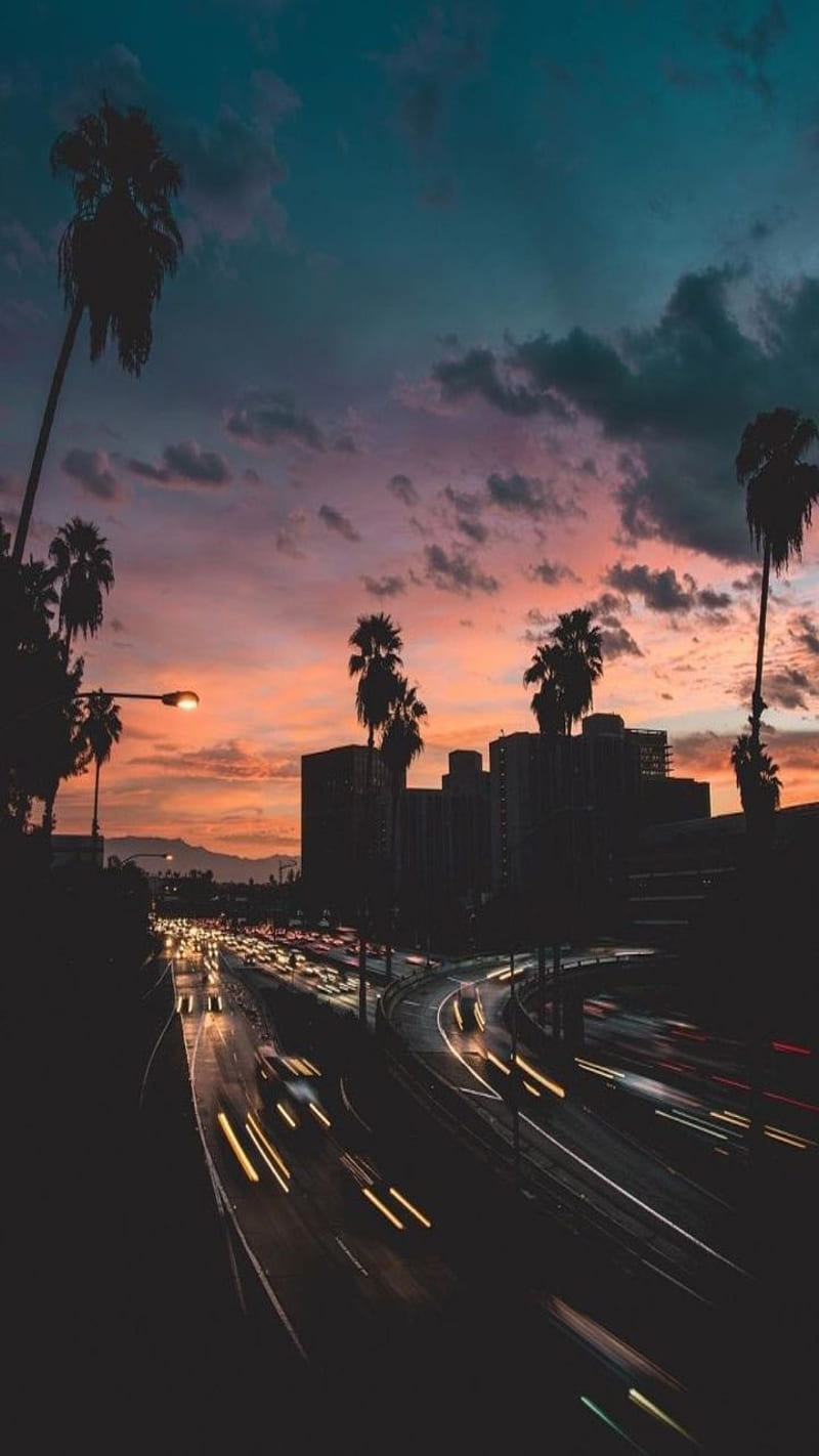 Sunset, aesthetic, carros, lights, night, road, HD phone wallpaper