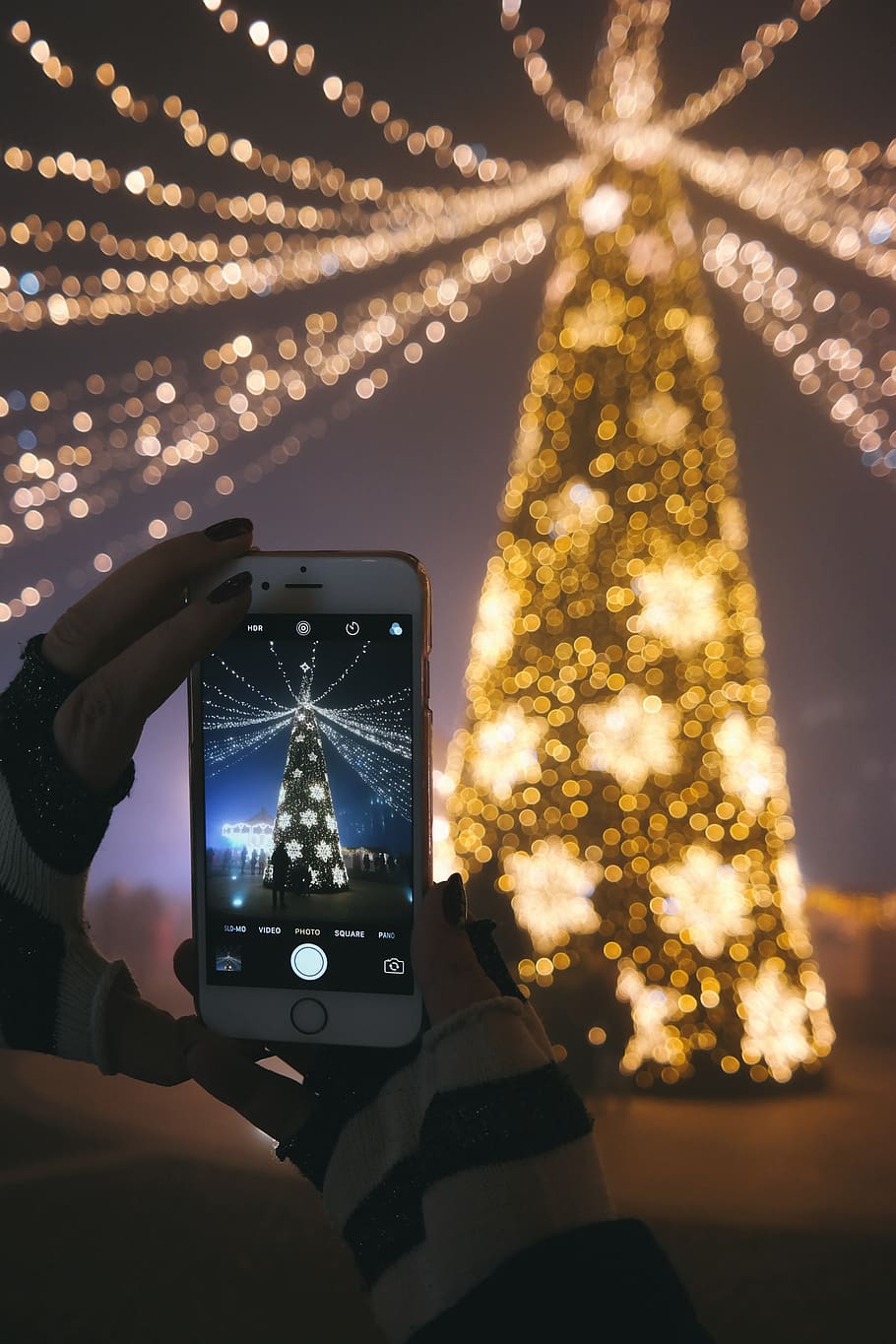 HD wallpaper: A person taking a picture of their Christmas tree with their smartphone