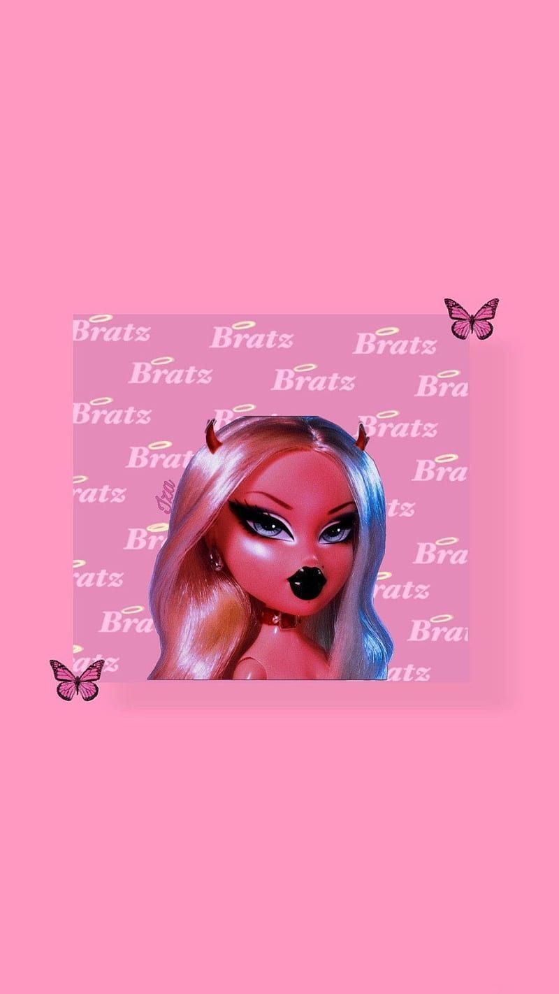 A pink background with an image of the doll - Bratz
