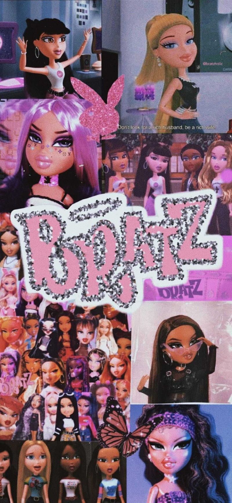 A collage of Bratz dolls in a pink and purple aesthetic - Bratz