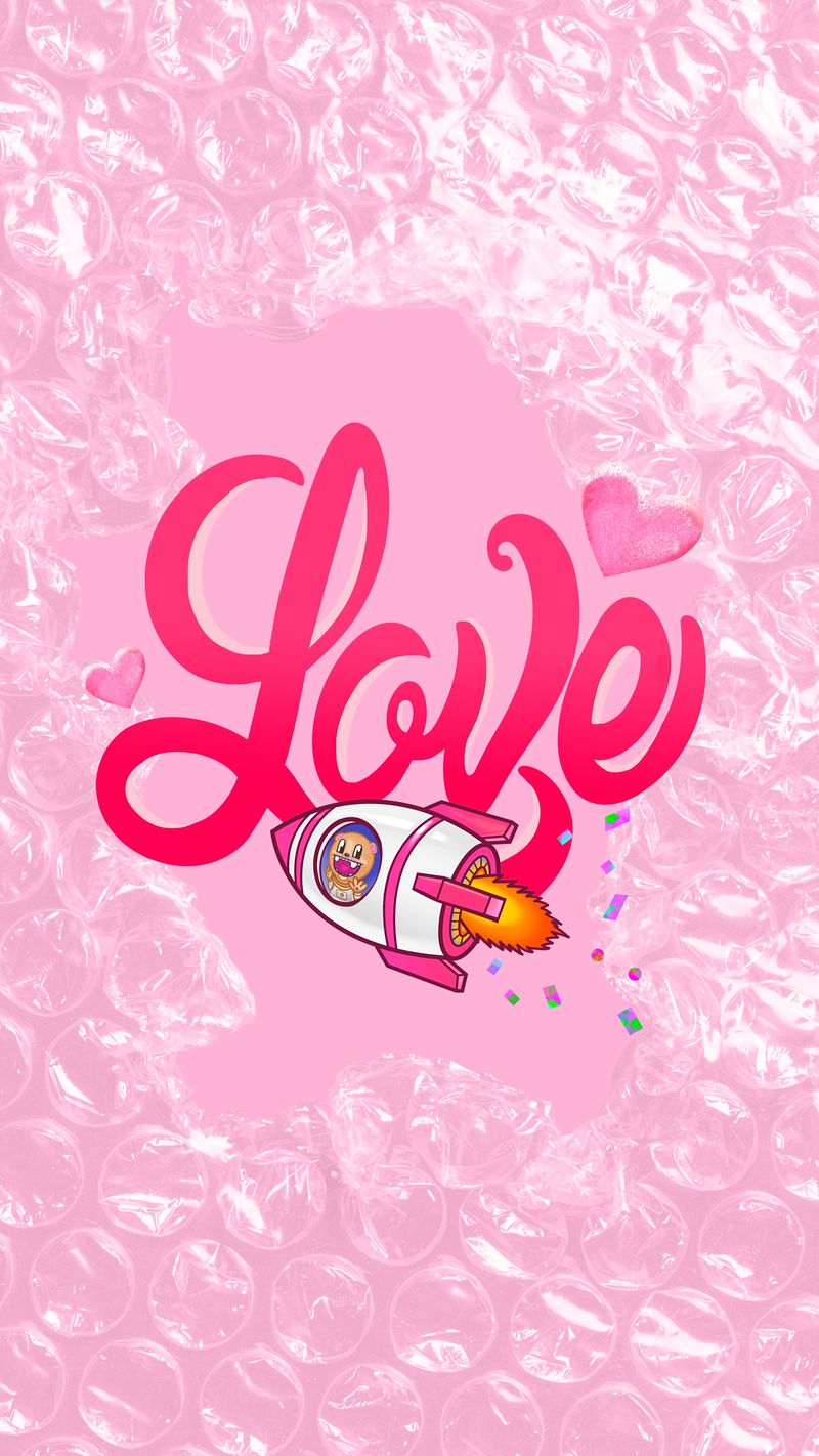 A pink background with a white outline of a spaceship with the word love written above it - Bratz