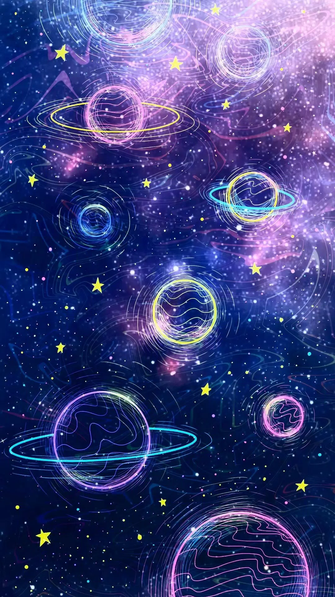 A digital image of a space scene with neon planets and stars - Galaxy, planet