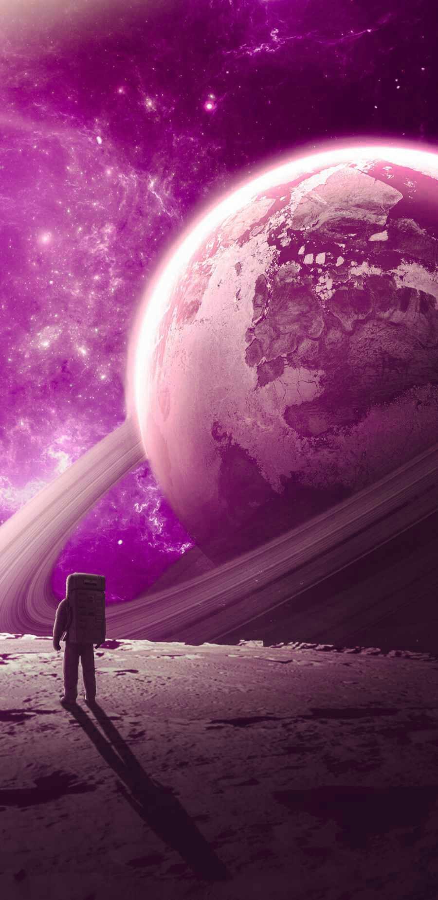 IPhone wallpaper of an astronaut standing on a planet with a purple starry sky in the background. - Galaxy, space, Earth