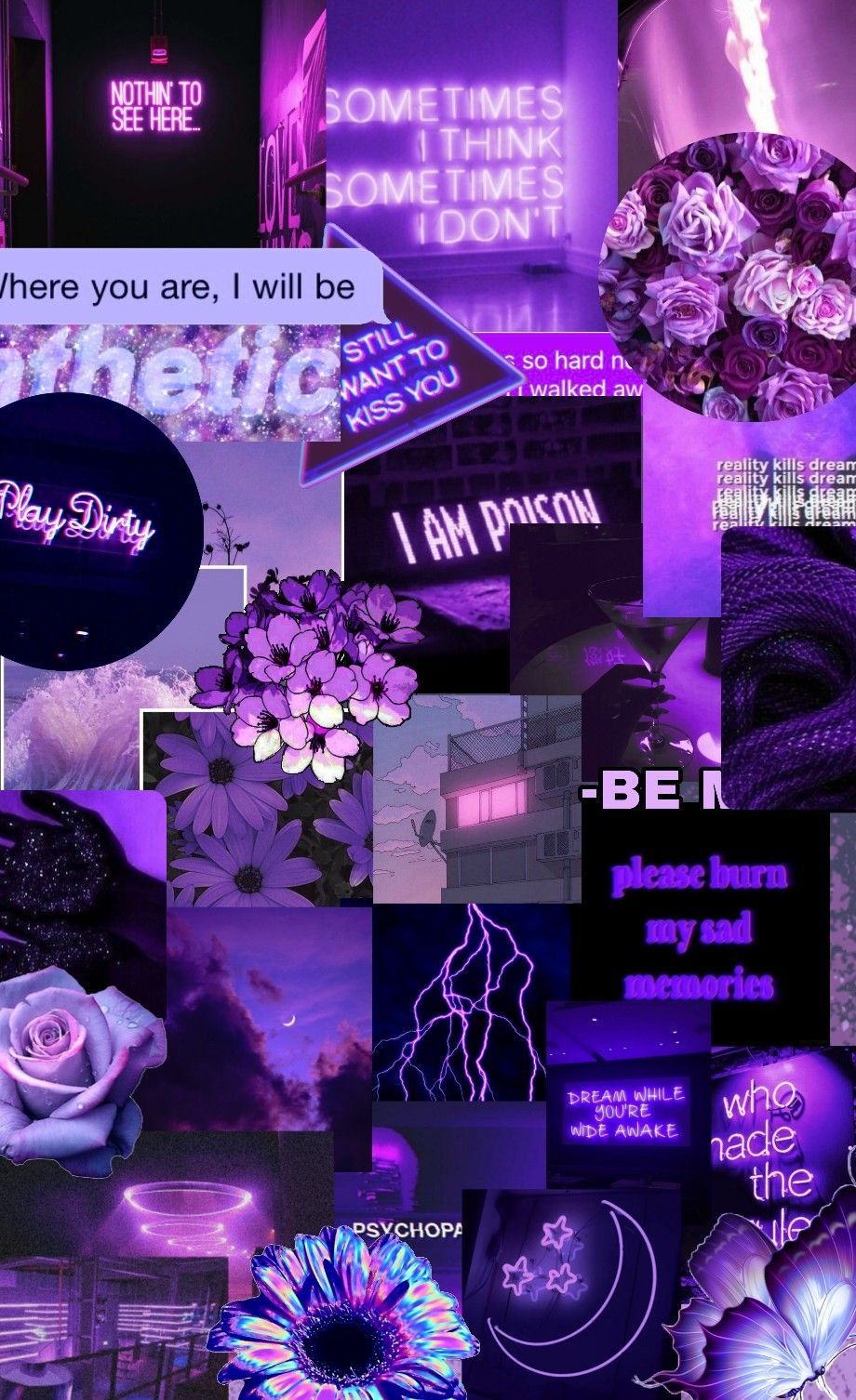 Aesthetic purple background with neon signs, flowers, and lightning bolts - Purple