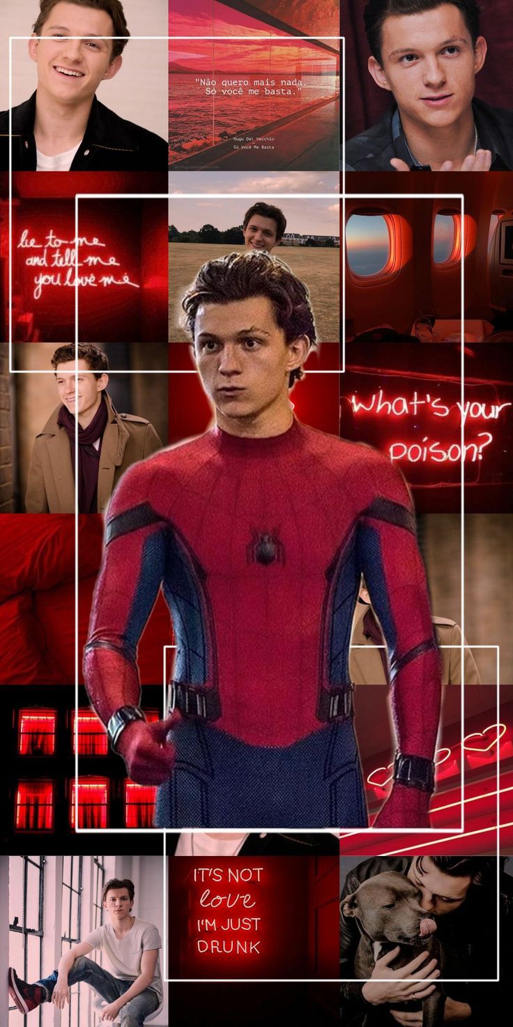 A collage of pictures with spiderman in them - Tom Holland
