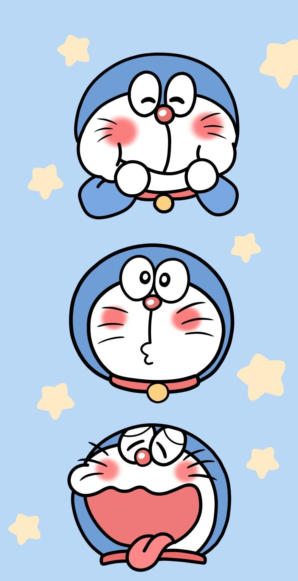 A cartoon of three cute little blue and white cat - Doraemon