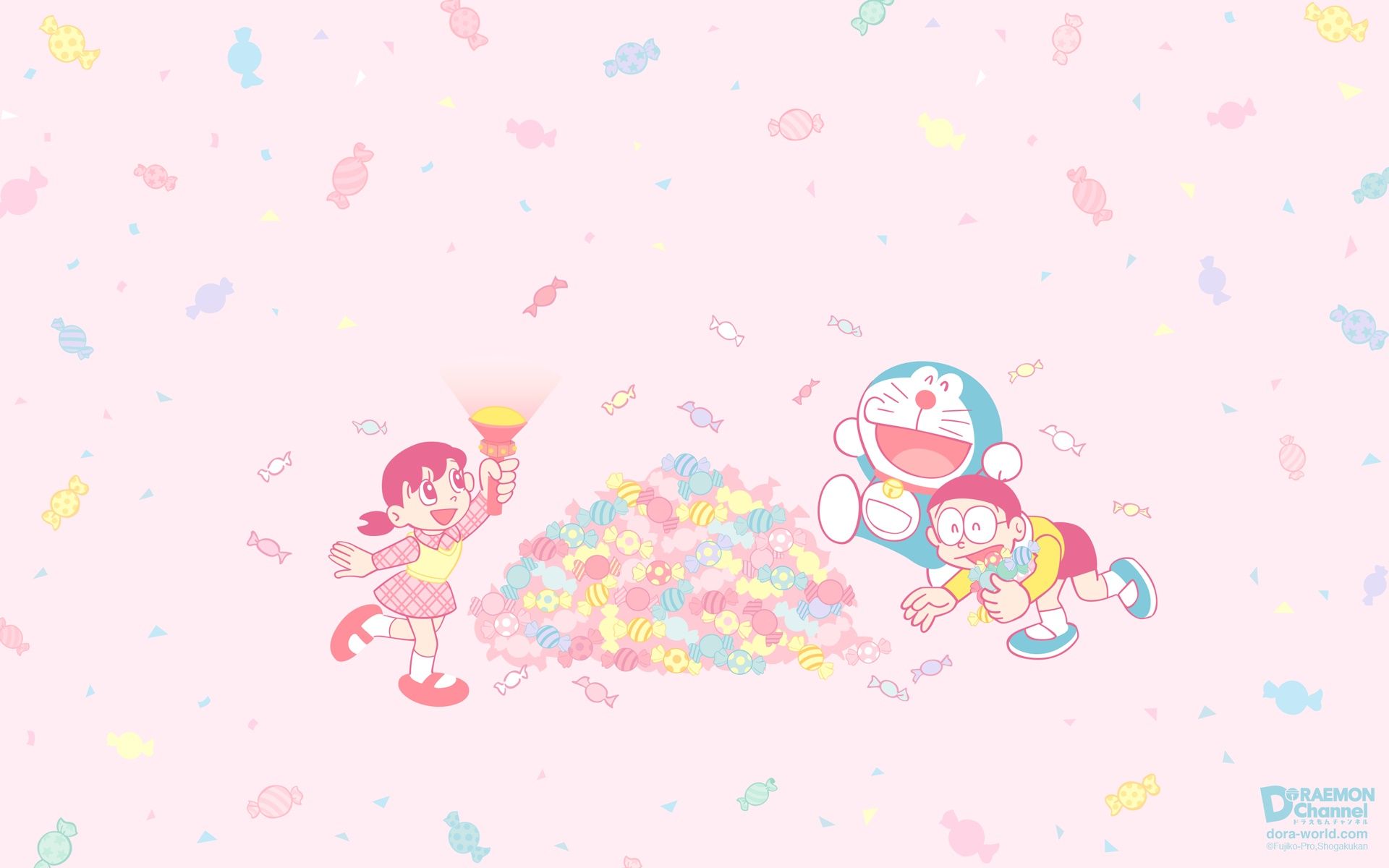 A wallpaper with two children playing in the snow - Doraemon