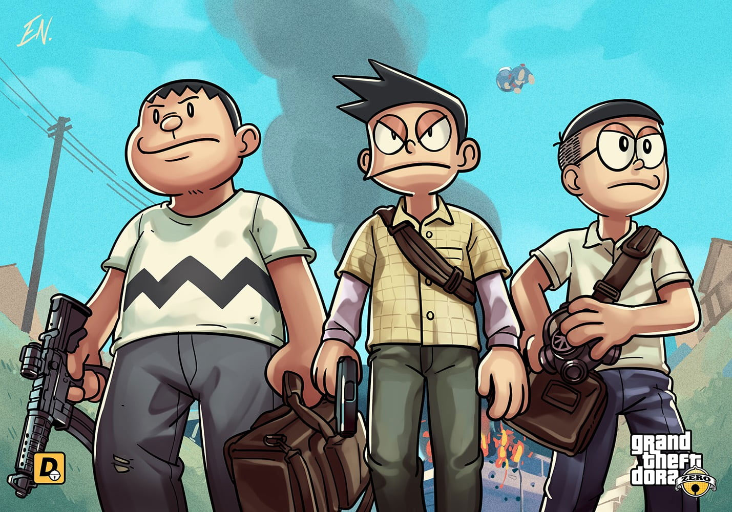 A cartoon of three boys holding guns - Doraemon