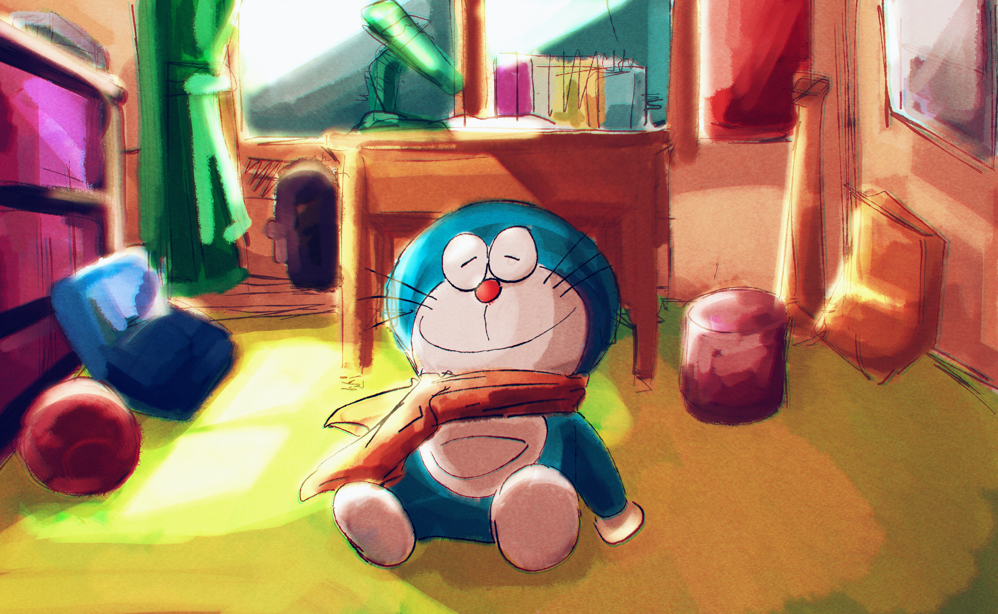 A blue stuffed animal sitting on the floor - Doraemon