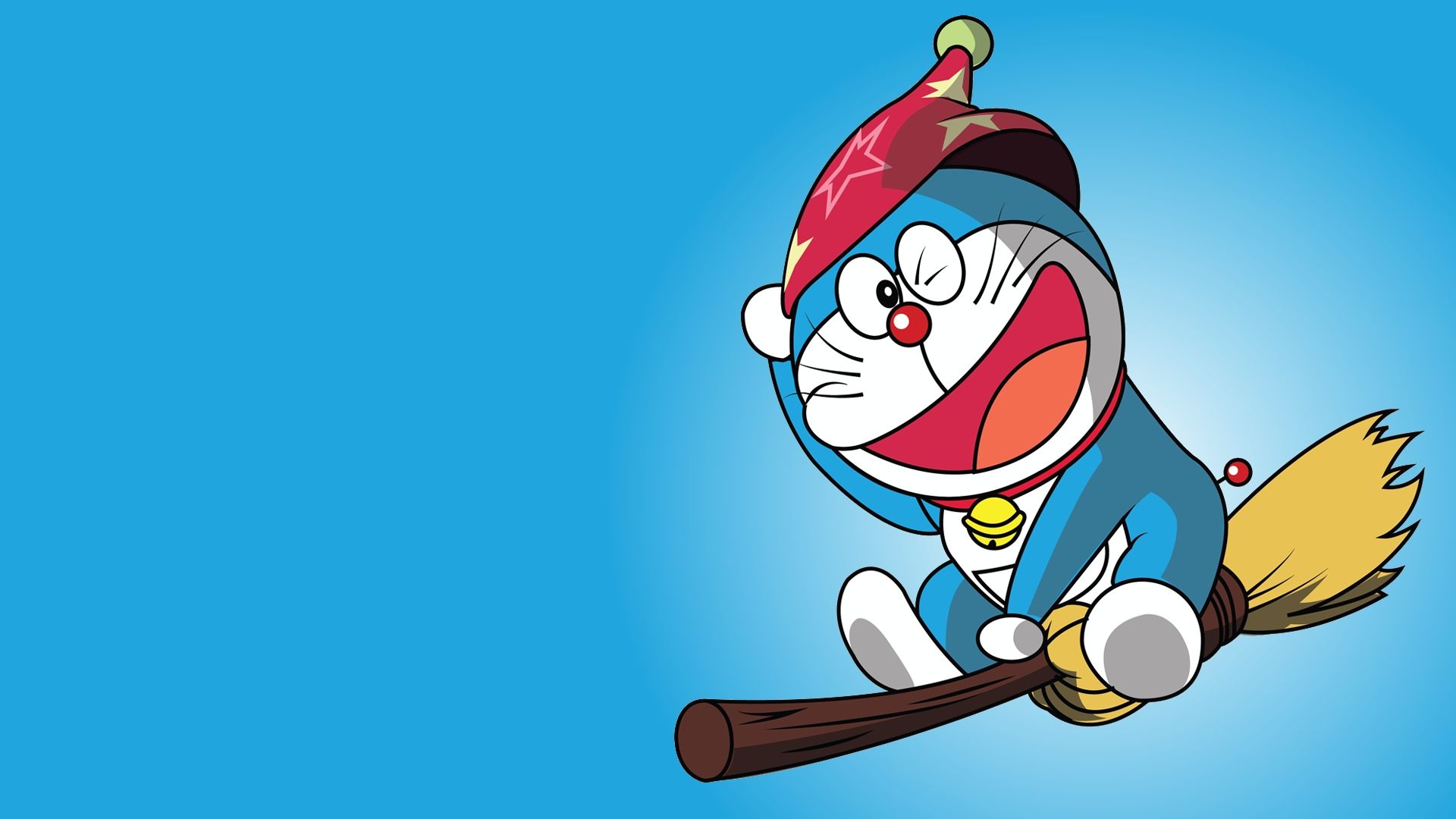 A cartoon character is flying on top of the stick - Doraemon