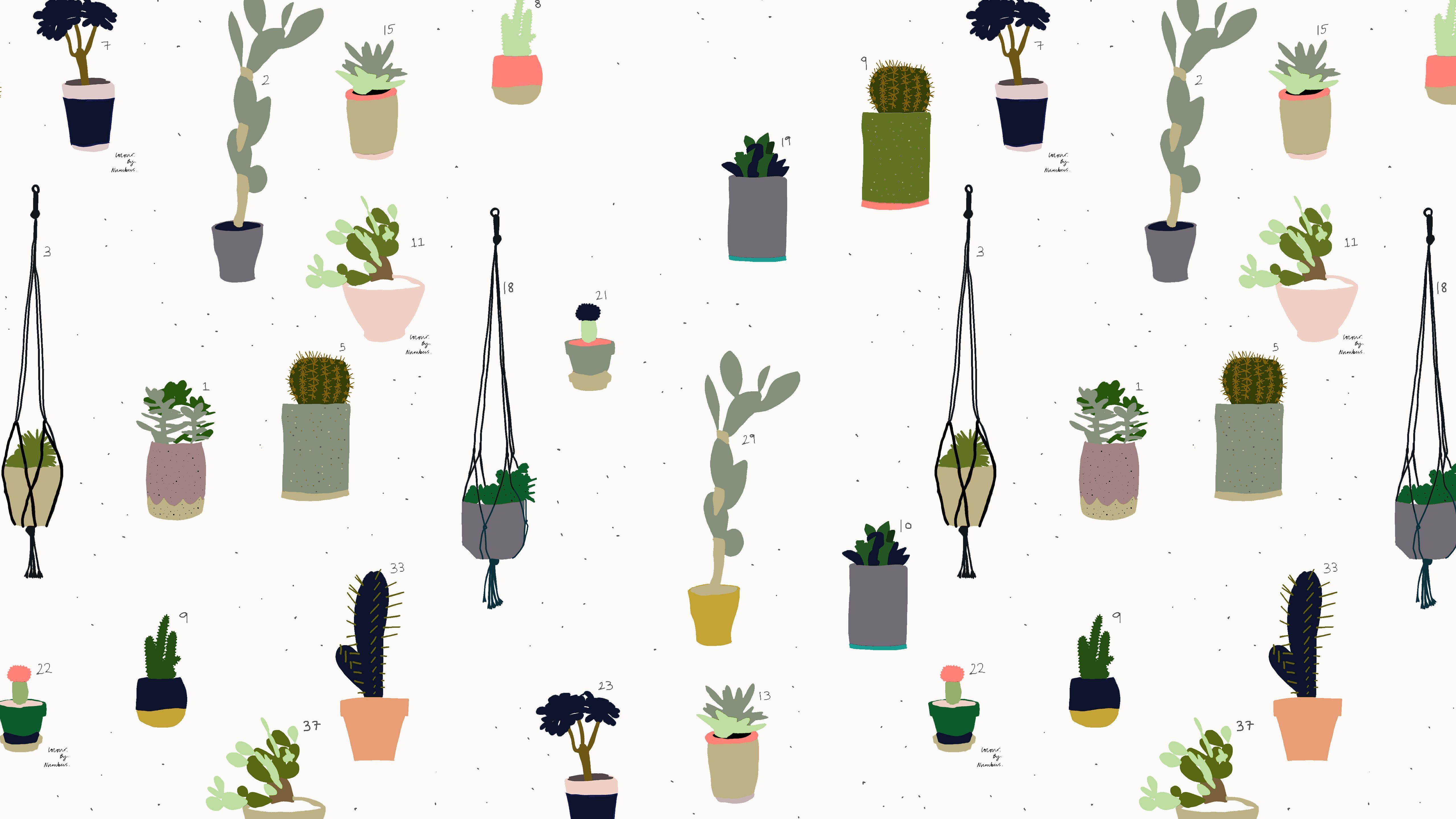 A pattern of various potted plants, some of which are hanging. - Succulent, cactus