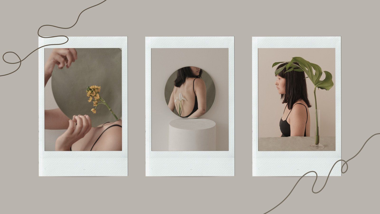 Three polaroid picture frames on a beige background. The first one shows a woman's back and a hand holding a yellow flower. The second one shows a woman's back and a hand holding a leaf. The third one shows a woman's back and a hand holding a leaf. - Abstract