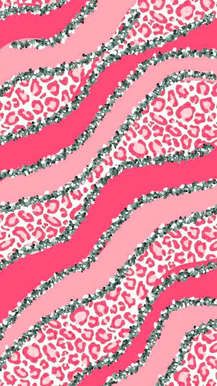 Pink zebra and leopard print wallpaper with silver glitter - Preppy