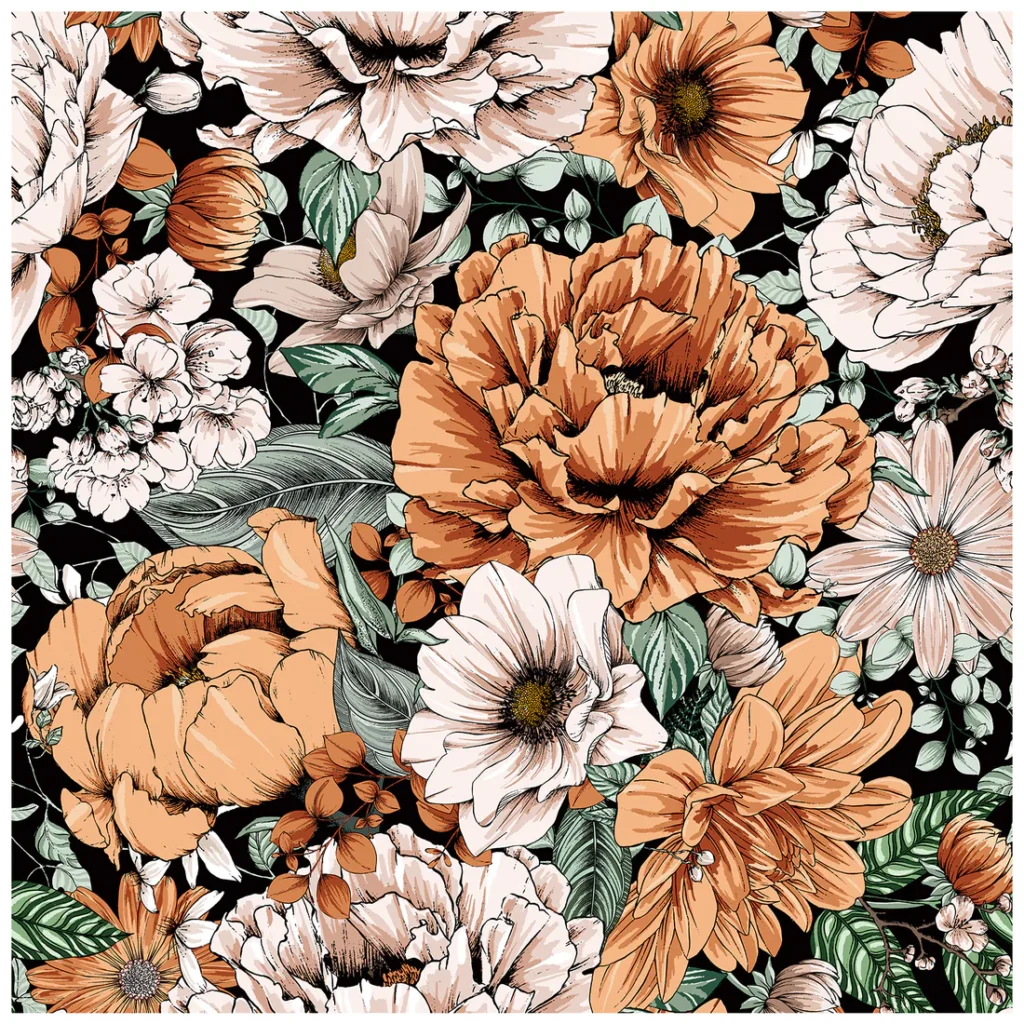 A pattern of orange and white flowers on a black background - Boho