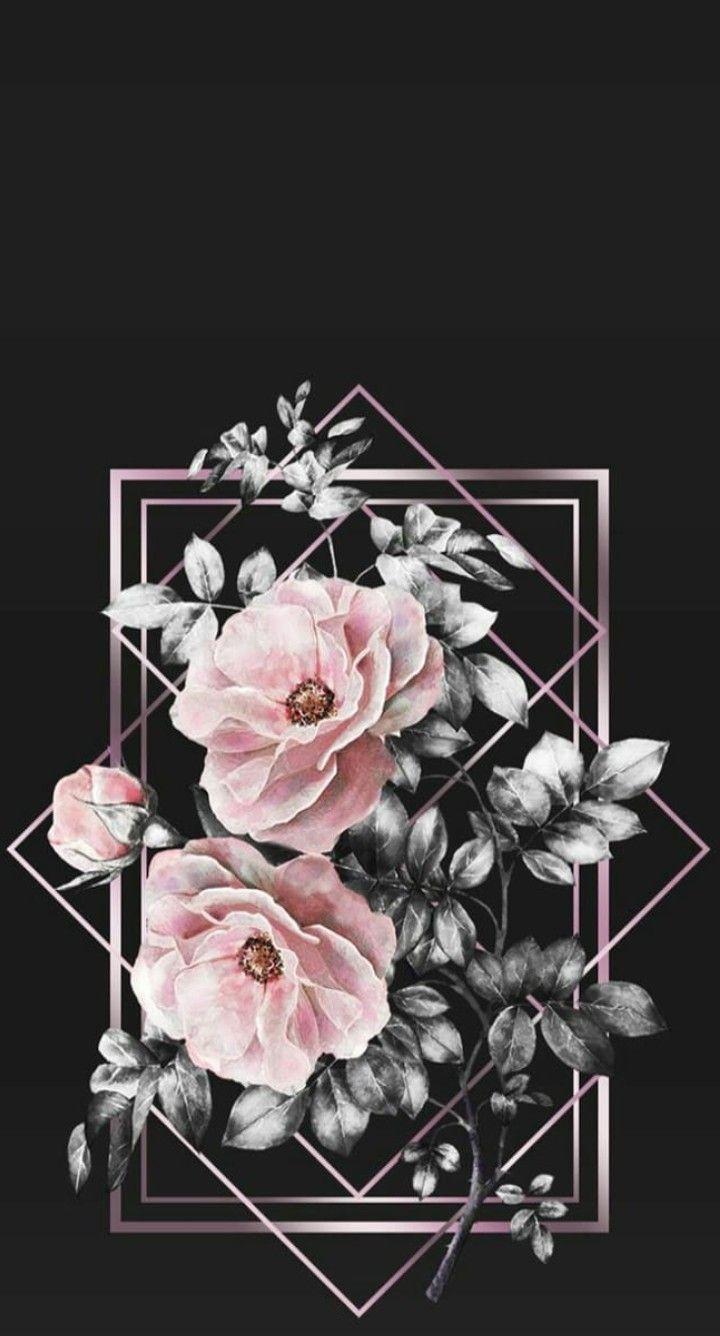 Black background wallpaper, pink flowers in the middle, geometric design - Flower