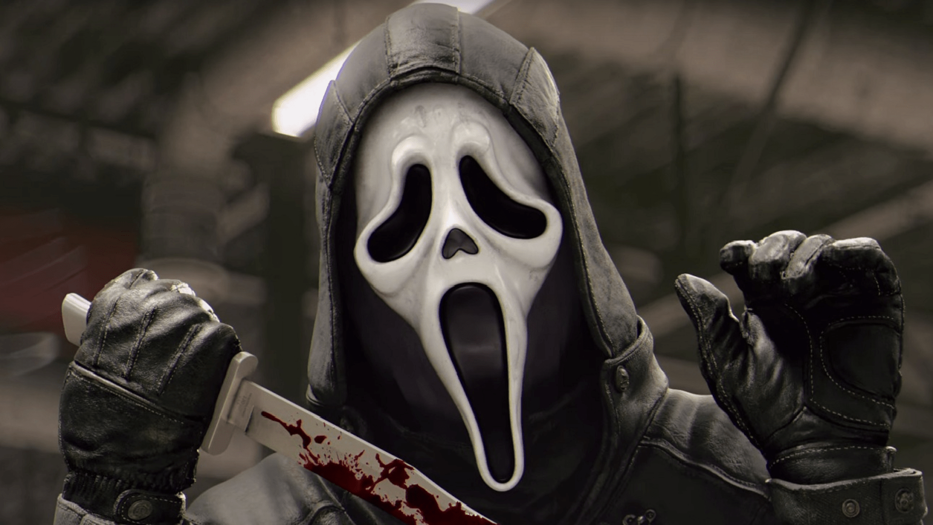 A man wearing a white mask with a black hood and black gloves is holding a knife with blood on it. - Ghostface