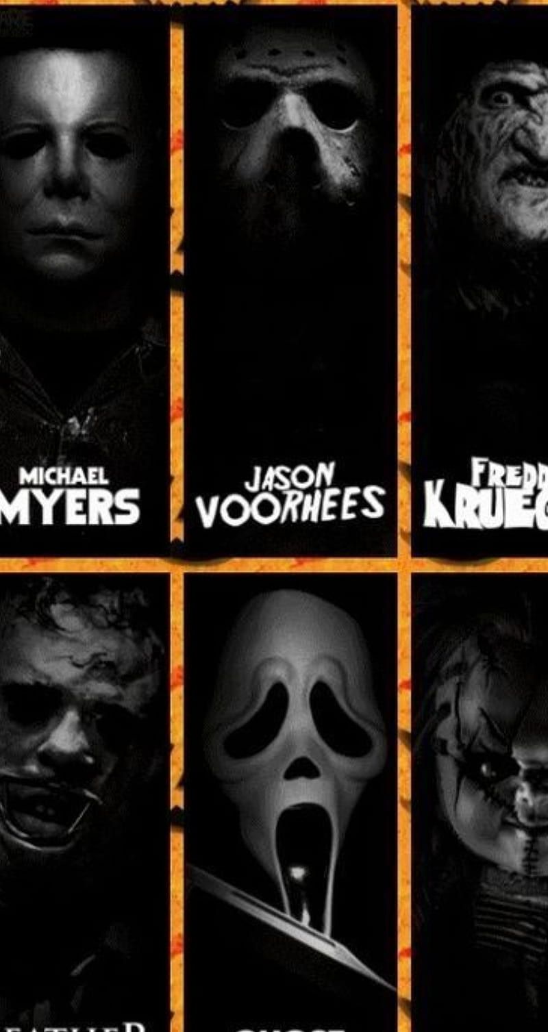 The faces of the top horror movie characters including Michael Myers, Jason, Freddy, and Chucky. - Ghostface