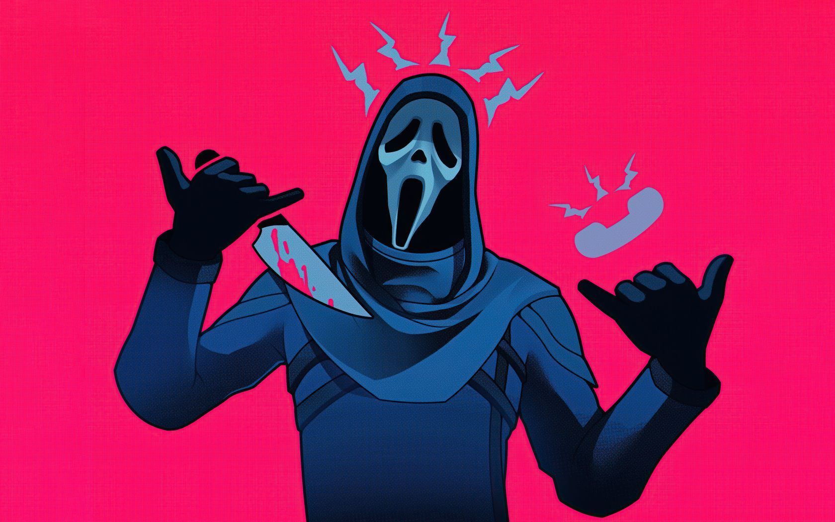 A cartoon character with his hands up - Ghostface, ghost