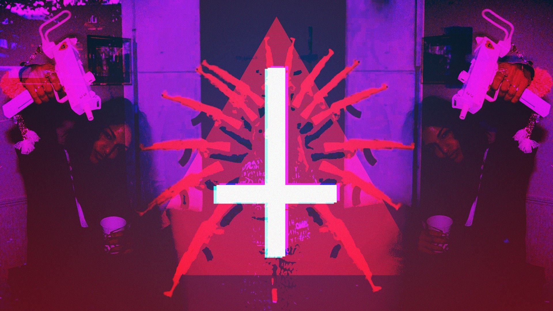 A white upside down cross is superimposed over a purple triangle with hands reaching out from it. - Glitch