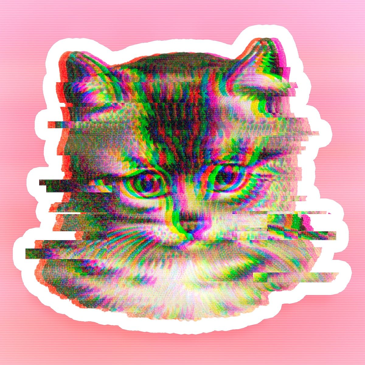 A colorful cat sticker with a pink background - Glitch