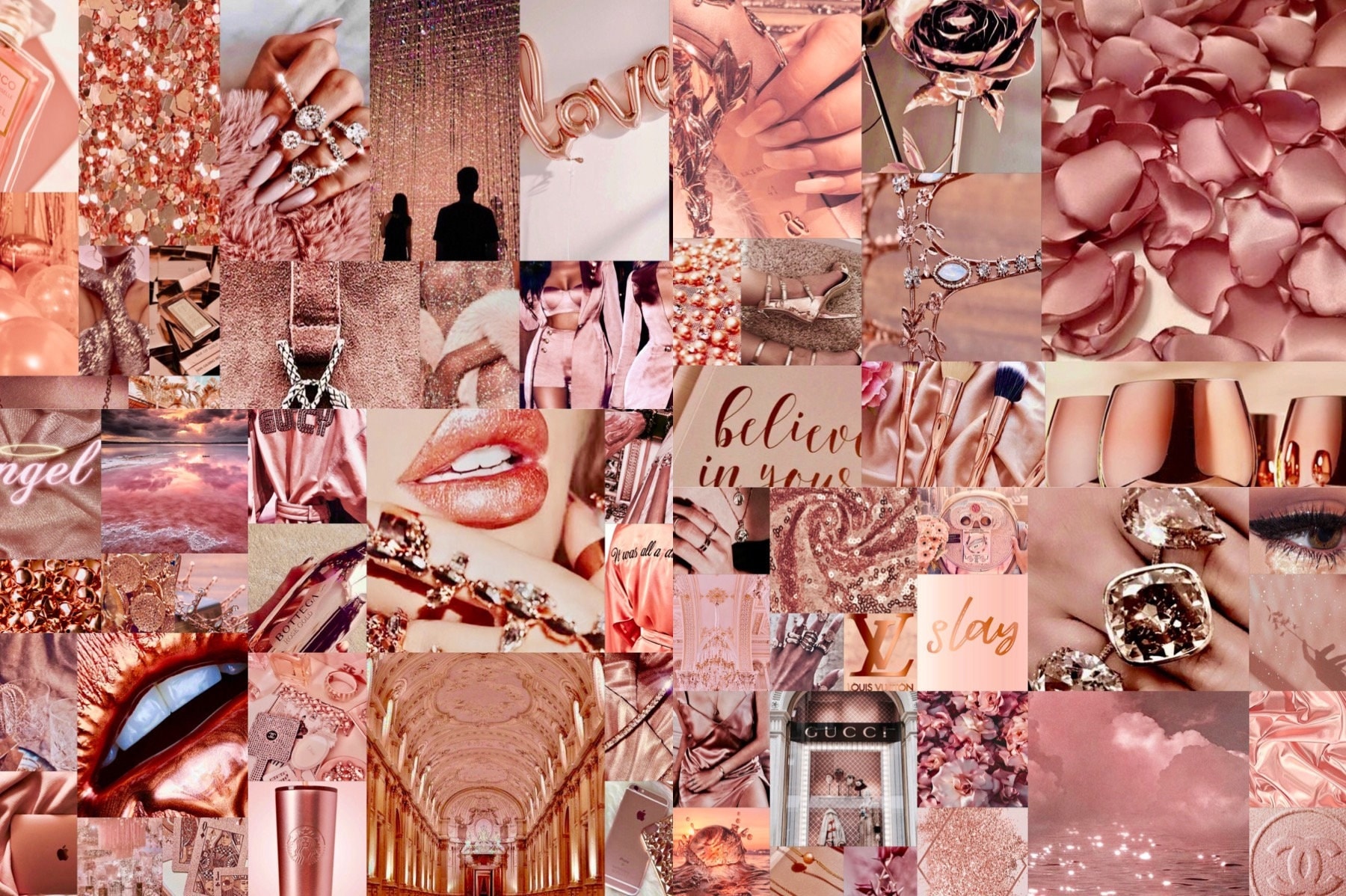 A collage of rose gold and pink images, including lips, flowers, and the words 
